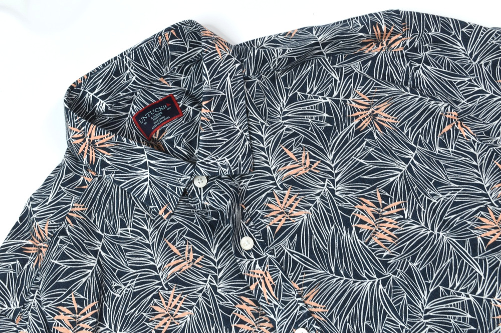 UNTUCKit Durize Linen Shirt Mens Large Navy Blue Floral Short Sleeve Slim Fit